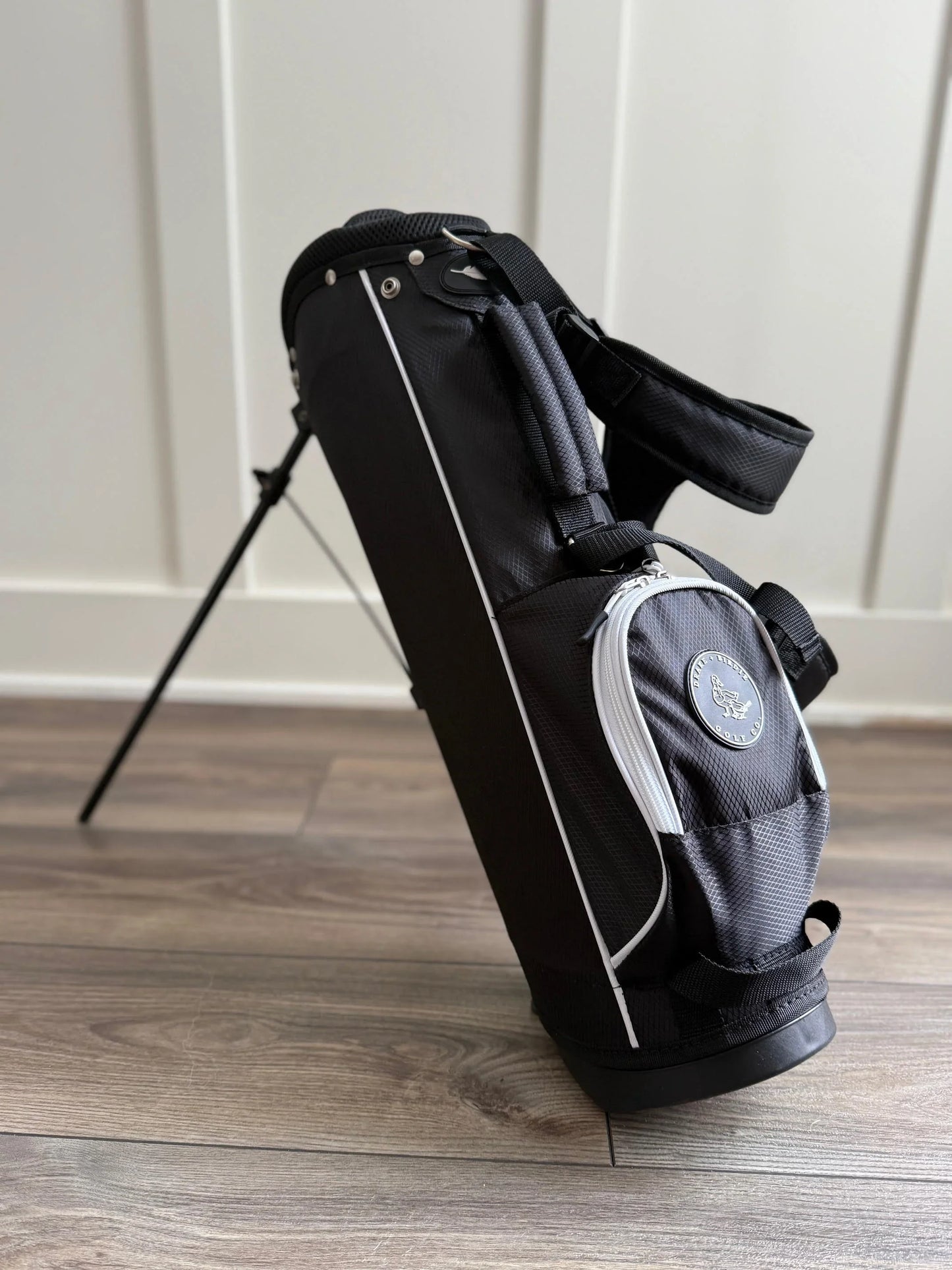Black kids golf bag ages 2-5 with white accents from Drake and Birdie Golf Co