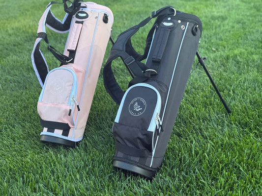 Lightweight kids golf stand bag for toddlers ages 2-5 with easy-deploy legs and dual straps.