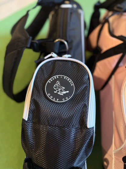 Black toddler golf bag with a logo on large pocket